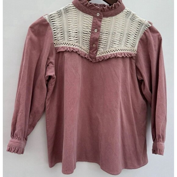 Zara Boho Dusty Pink 3/4 sleeve Corduroy crochet Ruffles Cotton Top XS - Picture 4 of 9